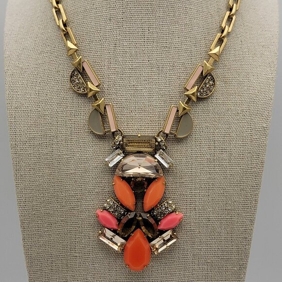 Stella & Dot Pink Orange Clear Crystal Gold Tone Statement Pendant Necklace 27" - Picture 1 of 8